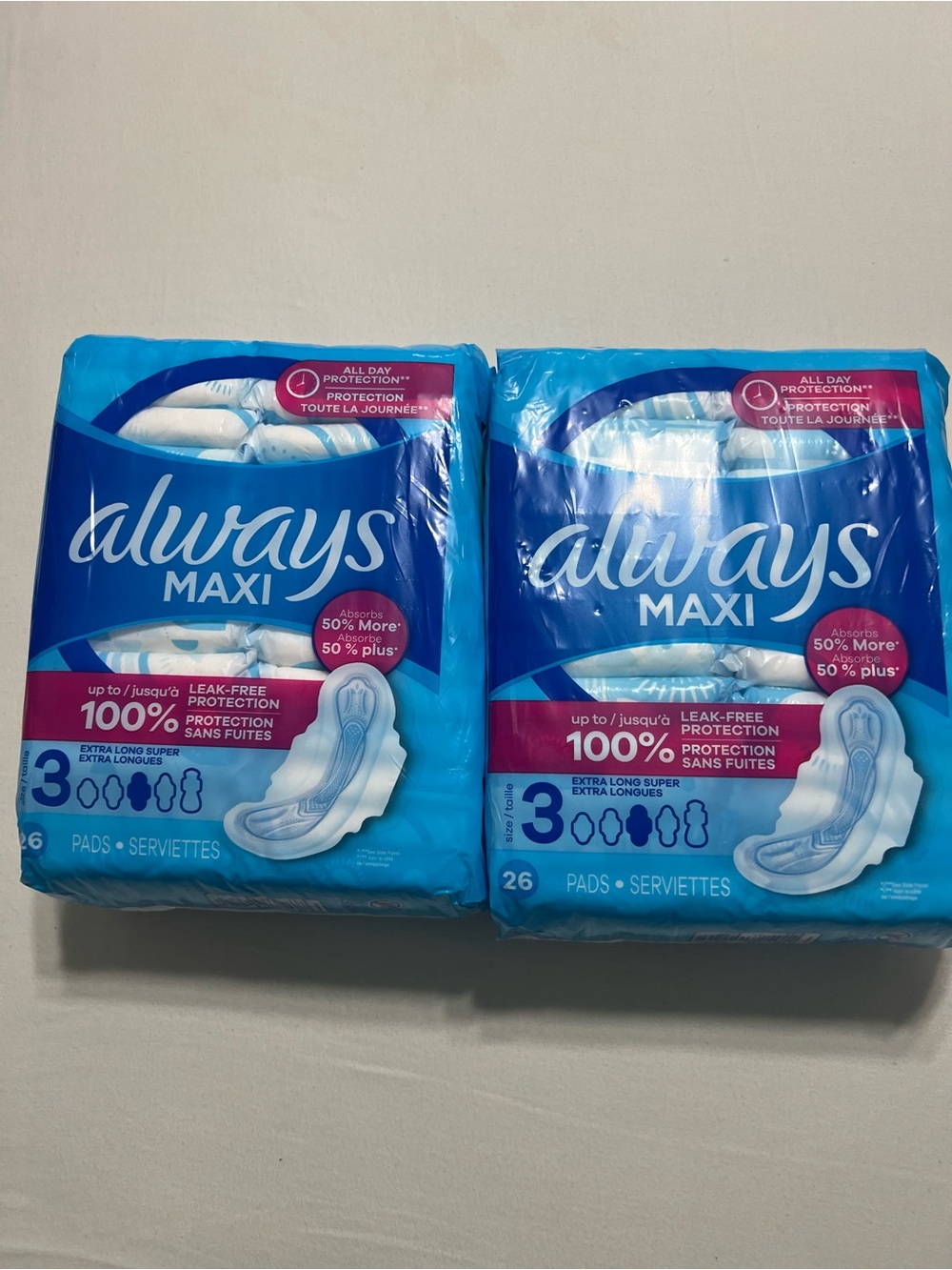Lot Of 2  ALWAYS MAXI pads with wings 26 Ct Each Size 3 Extra Long Super
